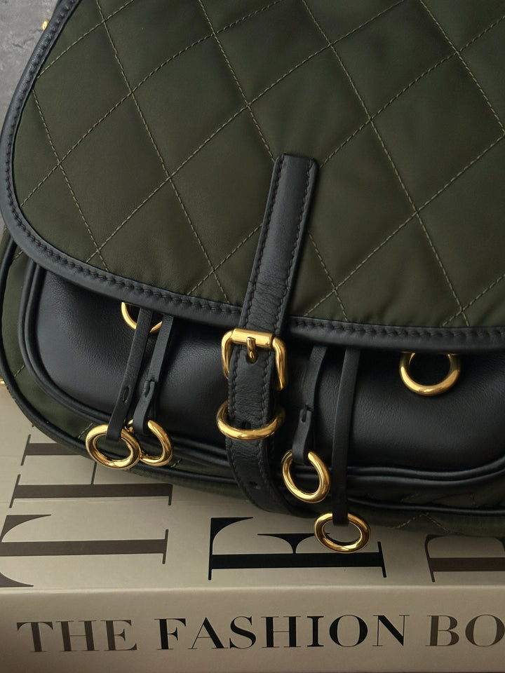 Prada Vintage Quilted Saddle Bag 💚🖤｜Military Green・Gold Ring Details・Y2K Shoulder Bag