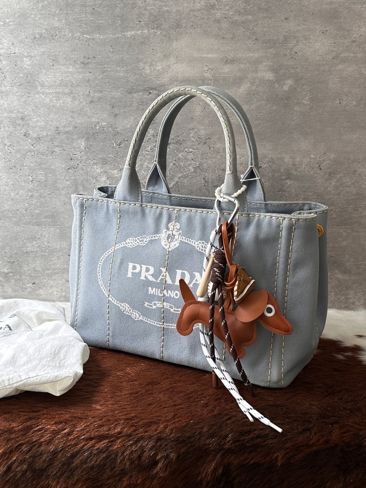 PRADA Baby Blue Small Canvas Tote Bag 🩶🩵｜Soft Baby Blue × Lightweight Canvas × Crossbody Styling✨