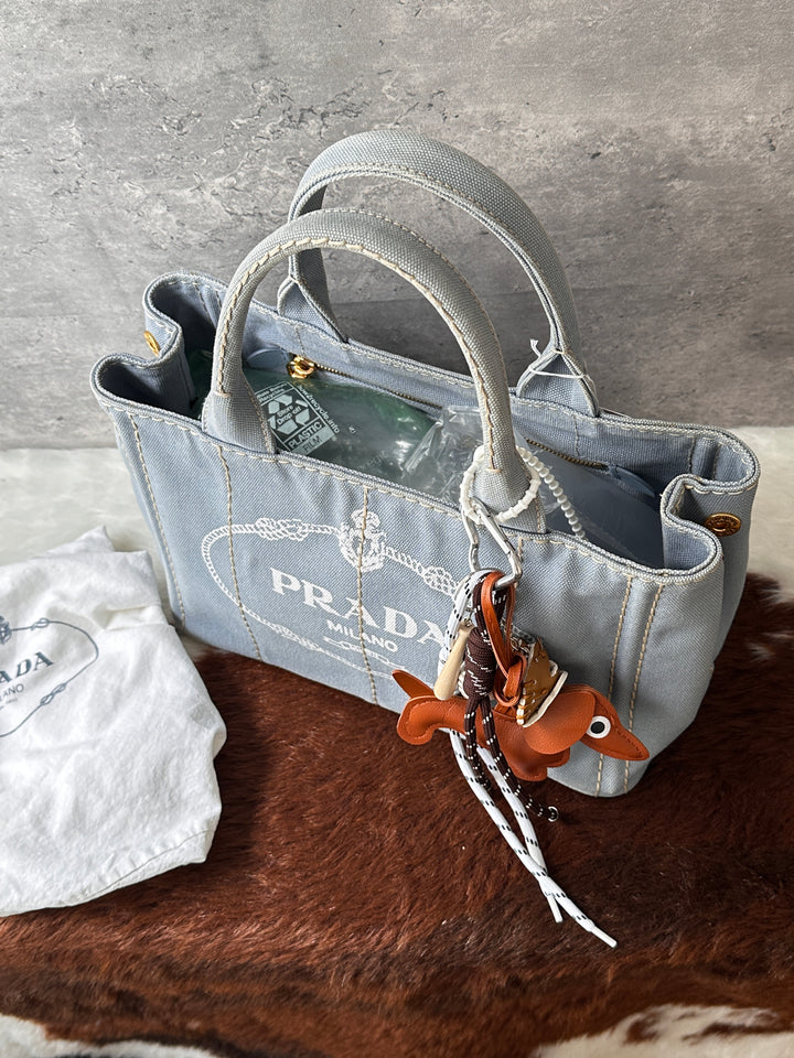 PRADA Baby Blue Small Canvas Tote Bag 🩶🩵｜Soft Baby Blue × Lightweight Canvas × Crossbody Styling✨