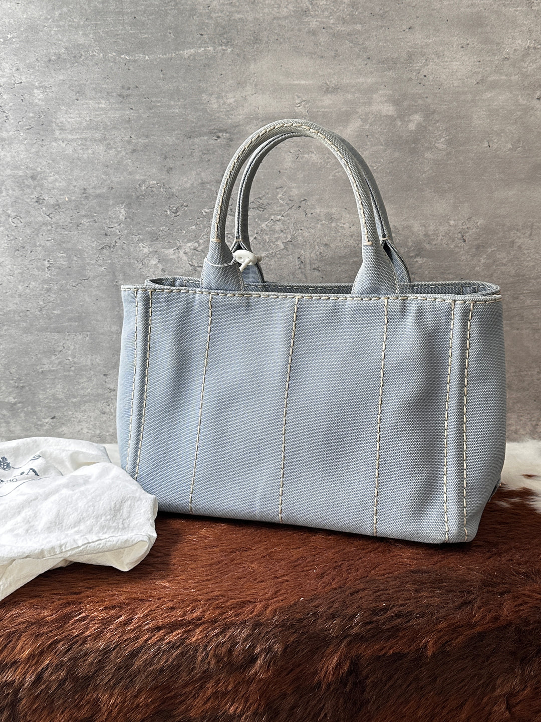 PRADA Baby Blue Small Canvas Tote Bag 🩶🩵｜Soft Baby Blue × Lightweight Canvas × Crossbody Styling✨