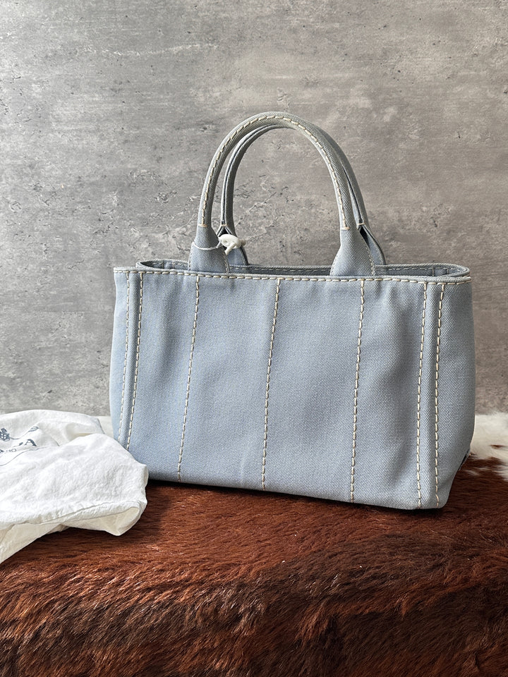 PRADA Baby Blue Small Canvas Tote Bag 🩶🩵｜Soft Baby Blue × Lightweight Canvas × Crossbody Styling✨