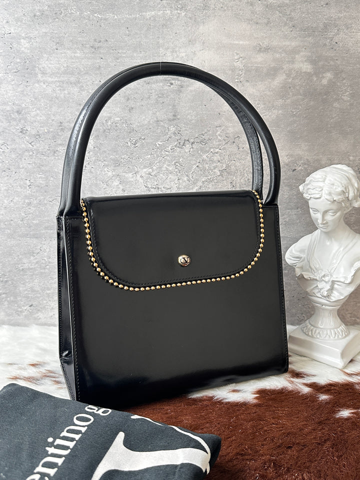 Valentino Garavani Box Handbag 🖤｜Rare Design × Gold Bead Trim × Glossy Leather