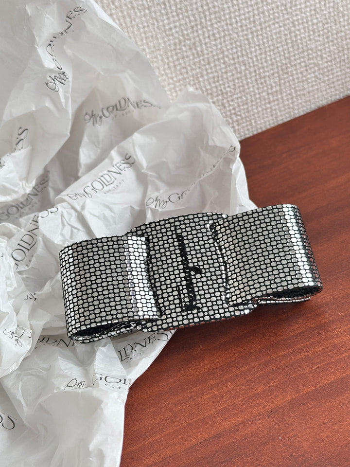 FERRAGAMO Leather Bow Hair Clip – Shimmer Finish & Timeless Elegance
