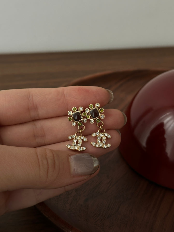CHANEL Vintage Gem Drop Earrings – Floral Top × Crystal CC Dangle ✨