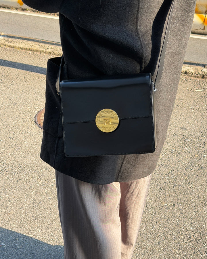 Celine Triomphe Box Leather Crossbody Bag 🖤｜Glossy Box Calfskin・Gold Coin Logo・Rare Vintage