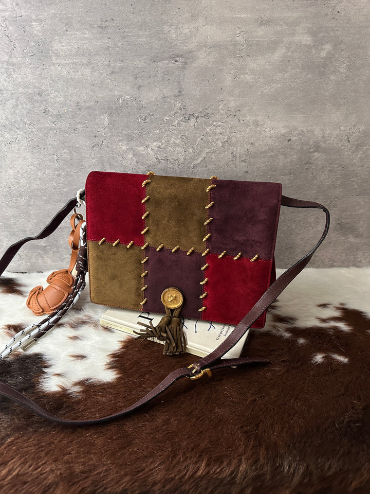 Ferragamo Patchwork Suede Crossbody ❤️💜｜Rare Vintage｜Gold Coin Closure｜Artistic Details