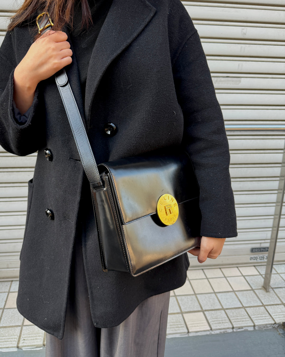 Celine Triomphe Box Leather Crossbody Bag 🖤｜Glossy Box Calfskin・Gold Coin Logo・Rare Vintage