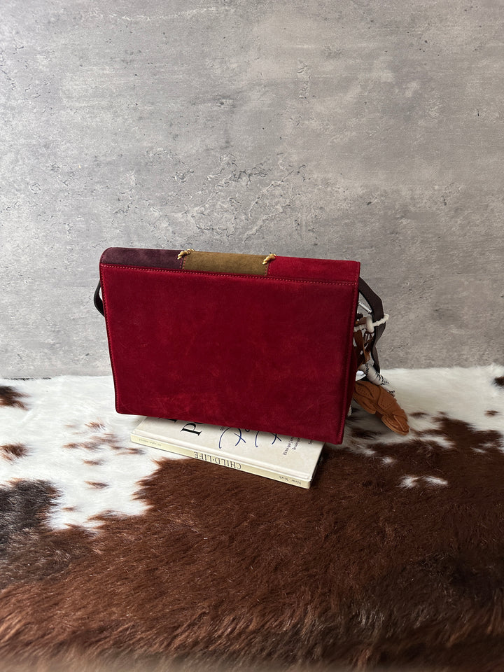 Ferragamo Patchwork Suede Crossbody ❤️💜｜Rare Vintage｜Gold Coin Closure｜Artistic Details