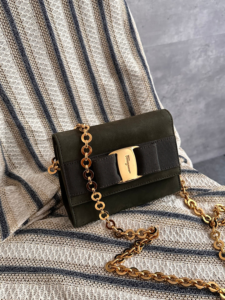 Ferragamo Vintage Chain Shoulder Bag in Olive Green