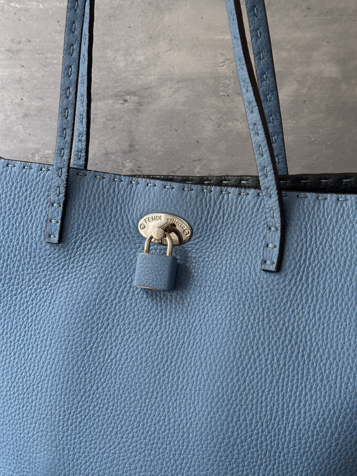 Fendi Selleria Leather Tote Bag 🩵｜Blue Leather｜Fendi Lock｜Laptop Friendly