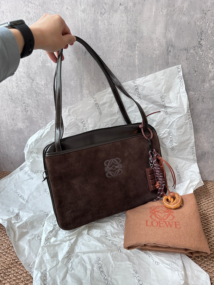 LOEWE Chocolate Brown Suede & Box Leather Shoulder Bag – Anagram Logo, Mini Hobo Style
