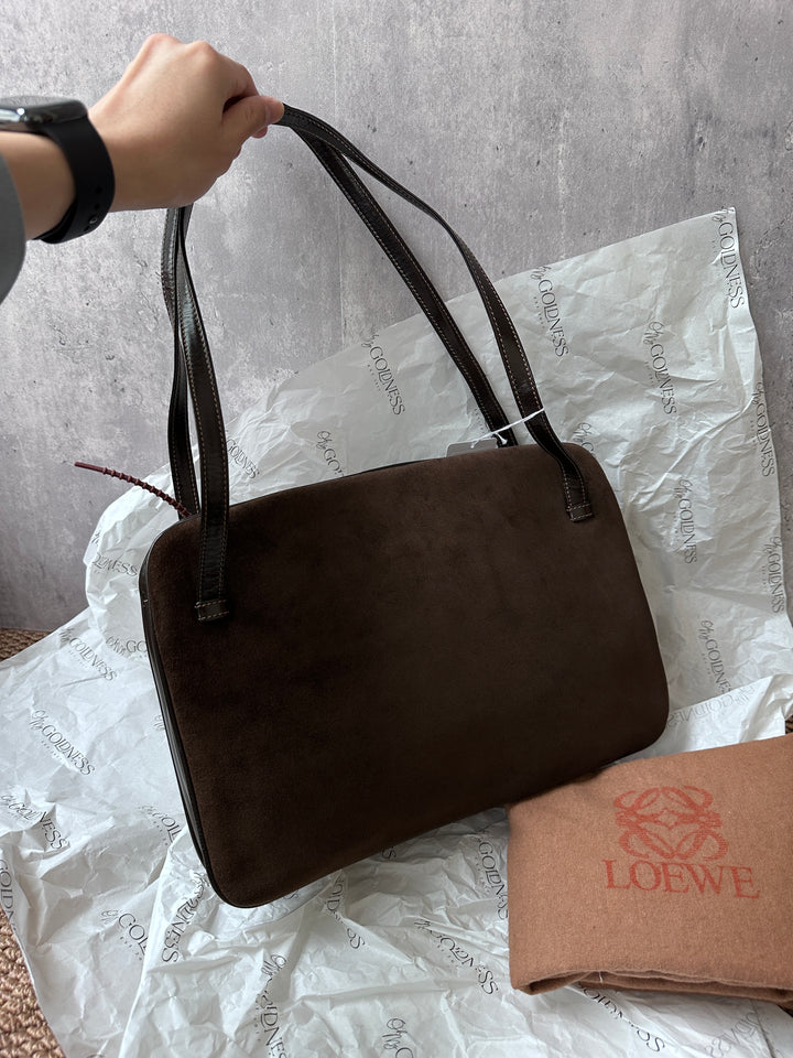 LOEWE Chocolate Brown Suede & Box Leather Shoulder Bag – Anagram Logo, Mini Hobo Style