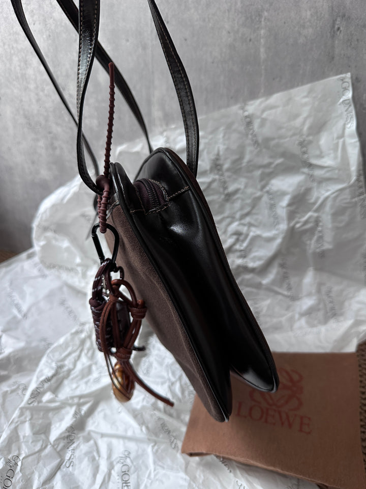 LOEWE Chocolate Brown Suede & Box Leather Shoulder Bag – Anagram Logo, Mini Hobo Style