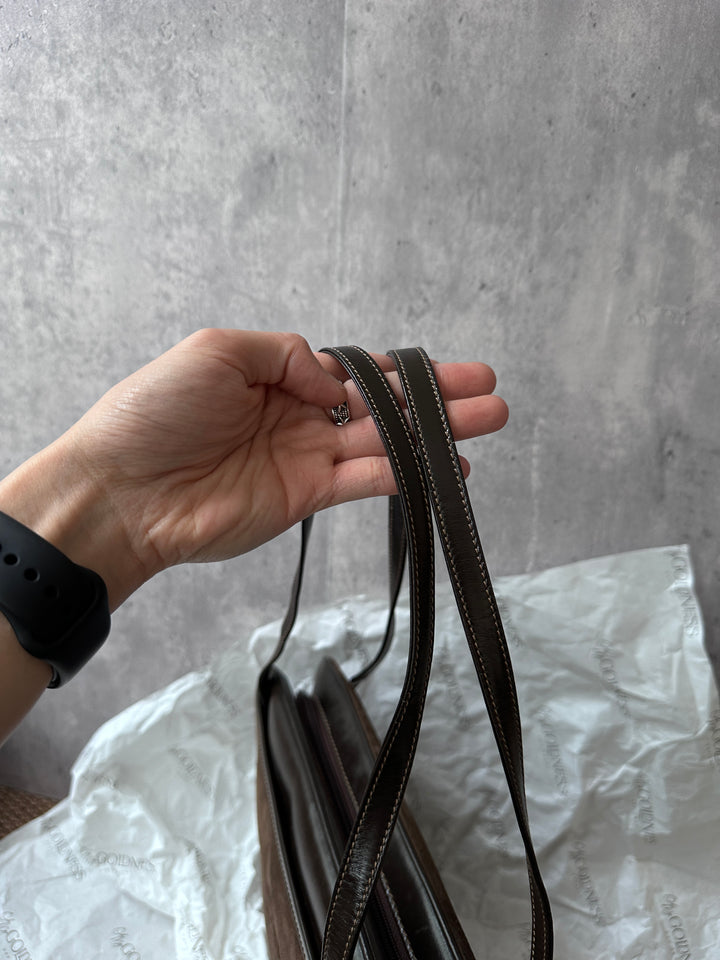 LOEWE Chocolate Brown Suede & Box Leather Shoulder Bag – Anagram Logo, Mini Hobo Style