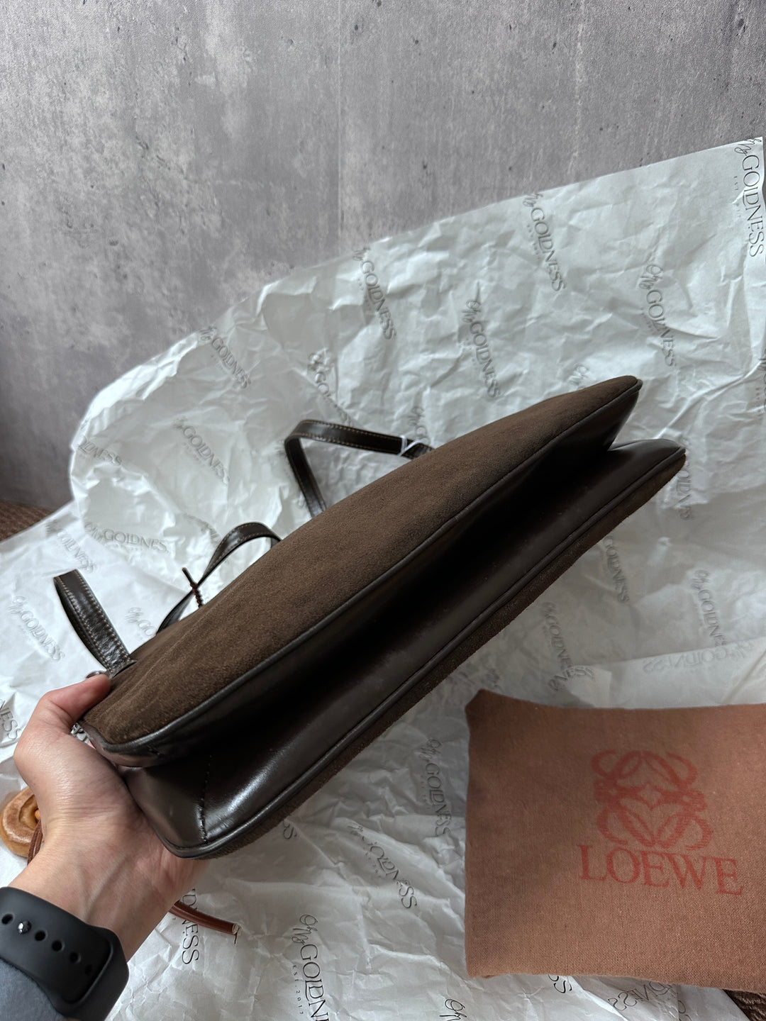 LOEWE Chocolate Brown Suede & Box Leather Shoulder Bag – Anagram Logo, Mini Hobo Style
