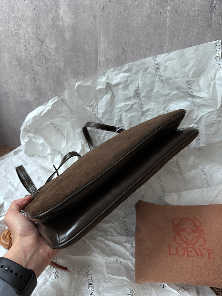 LOEWE Chocolate Brown Suede & Box Leather Shoulder Bag – Anagram Logo, Mini Hobo Style