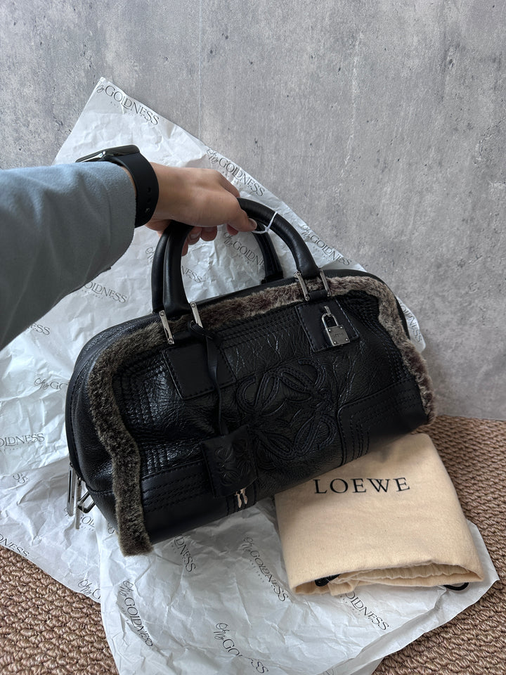 LOEWE Amazona Suede & Shearling Bag – Black Leather Trim, Lock Included