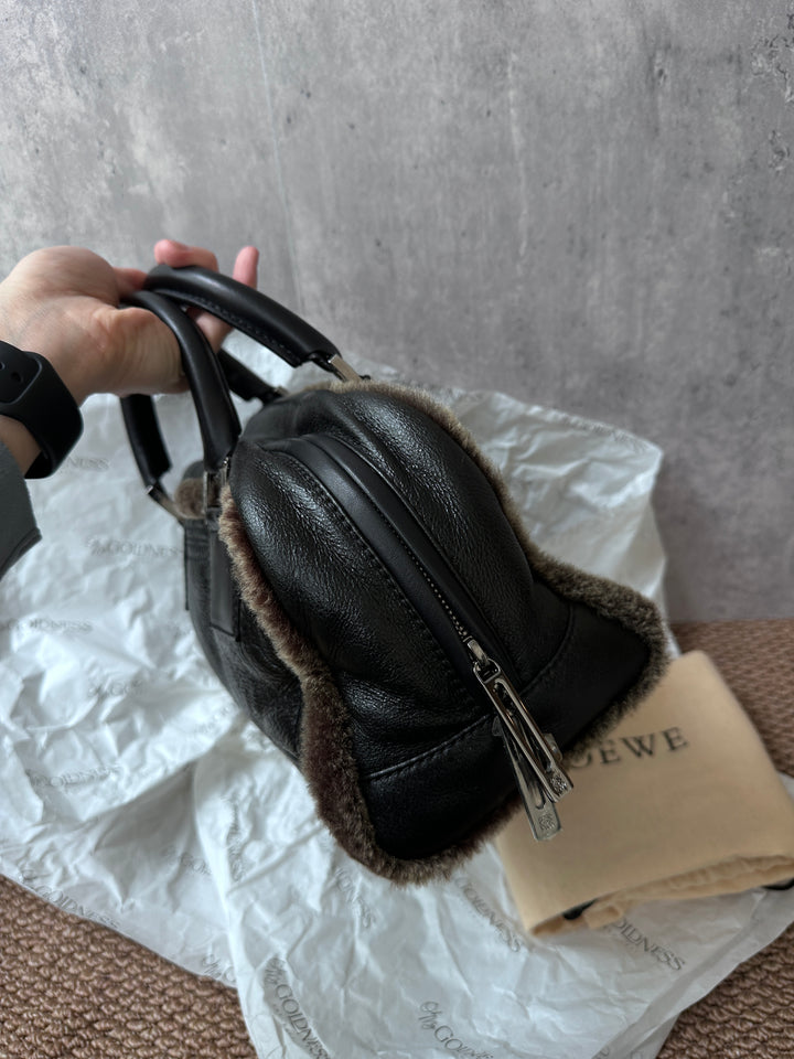 LOEWE Amazona Suede & Shearling Bag – Black Leather Trim, Lock Included