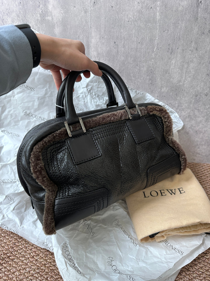 LOEWE Amazona Suede & Shearling Bag – Black Leather Trim, Lock Included