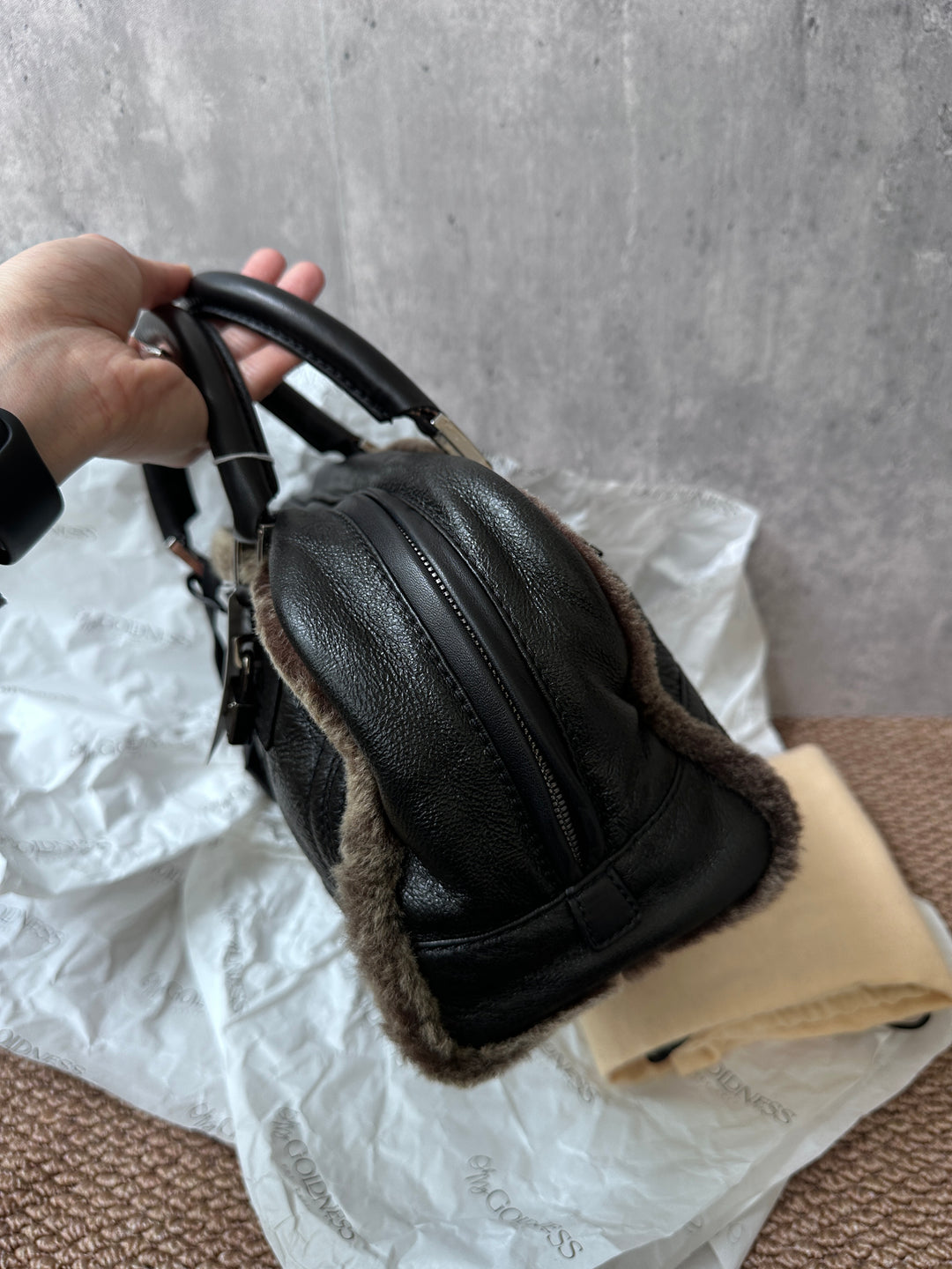 LOEWE Amazona Suede & Shearling Bag – Black Leather Trim, Lock Included