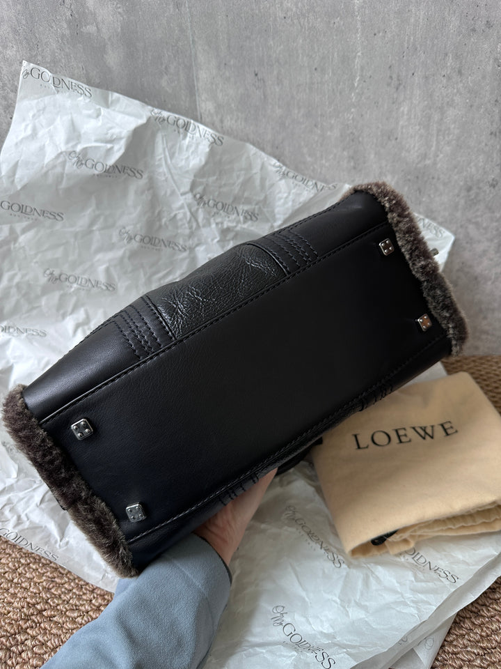LOEWE Amazona Suede & Shearling Bag – Black Leather Trim, Lock Included