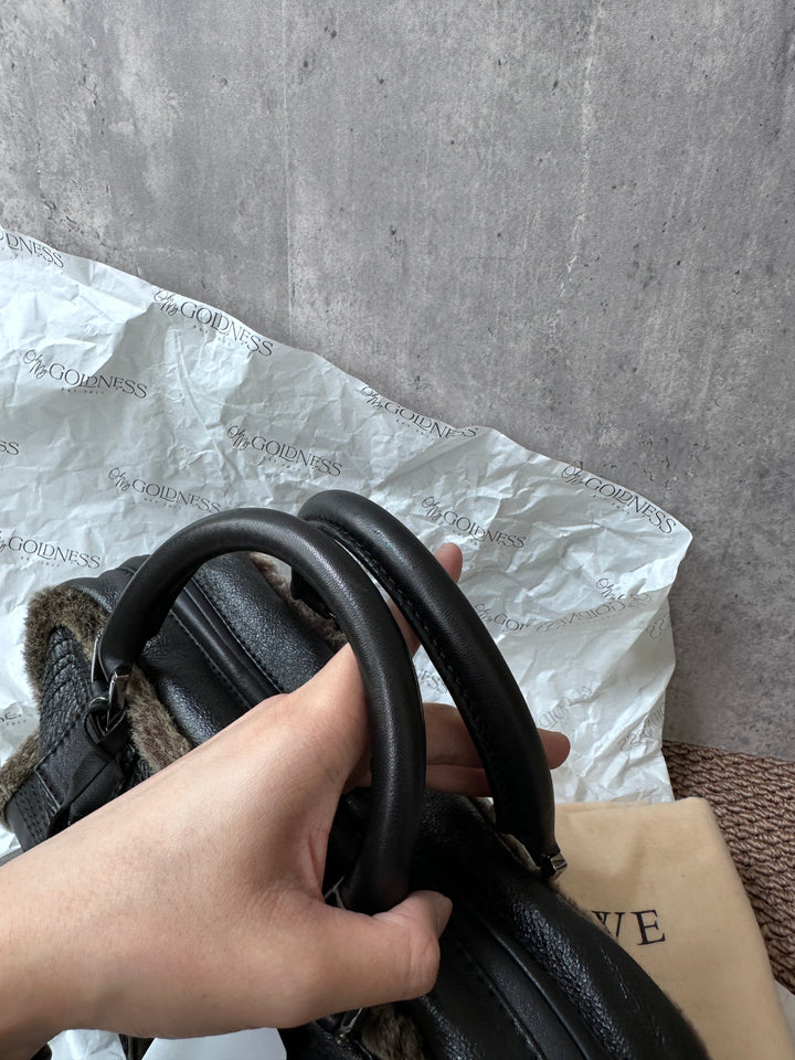 LOEWE Amazona Suede & Shearling Bag – Black Leather Trim, Lock Included