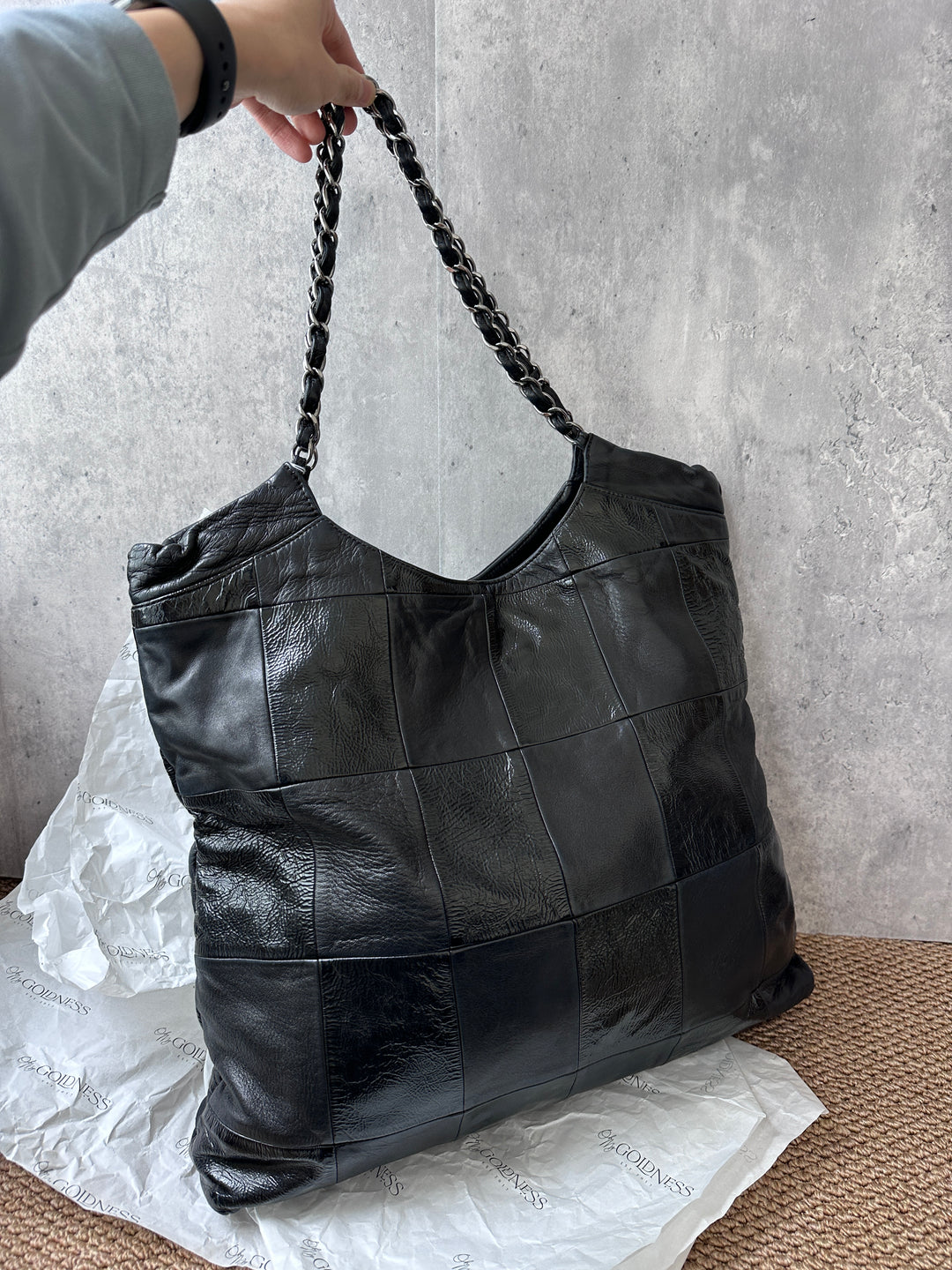 CHANEL vintage Patchwork Black Leather Travel Tote