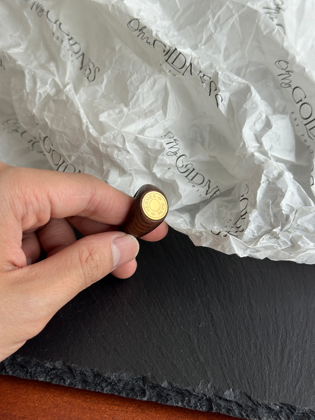 Hermes Vintage Wooden Logo Ring – Brass & Wood Fusion