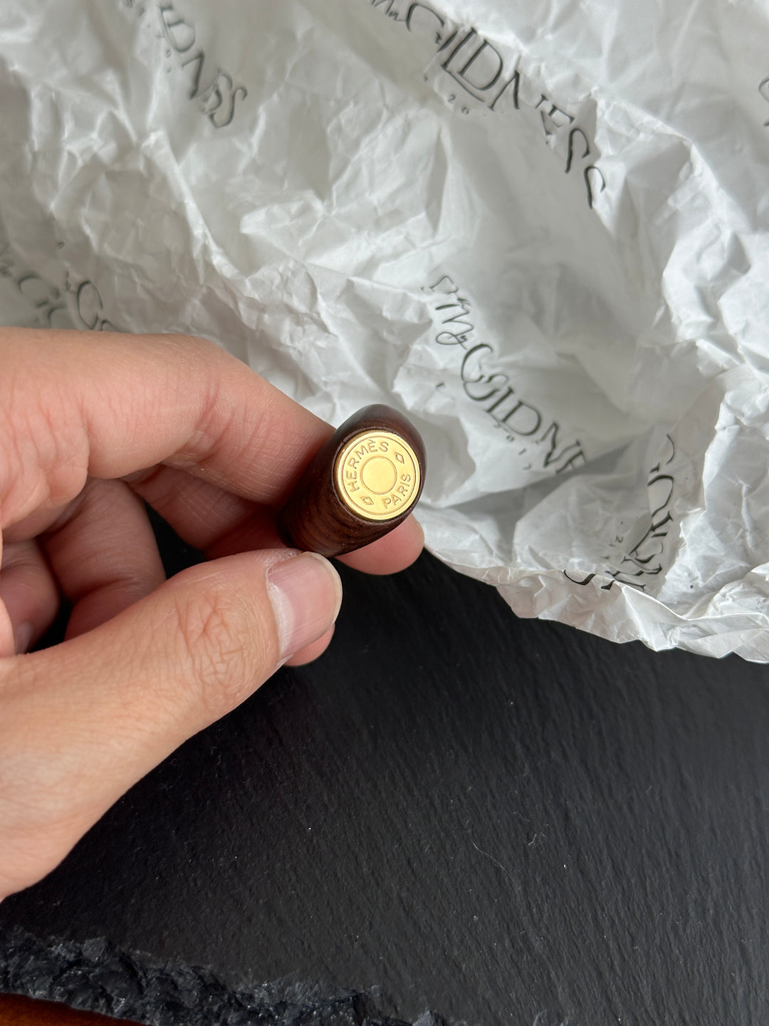 Hermes Vintage Wooden Logo Ring – Brass & Wood Fusion