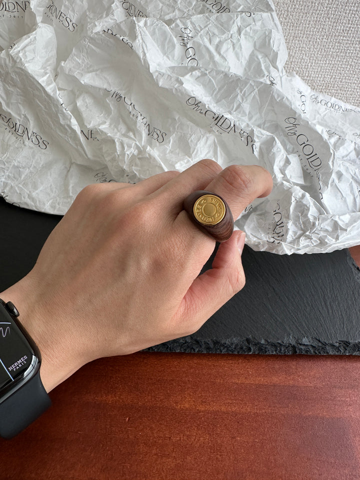 Hermes Vintage Wooden Logo Ring – Brass & Wood Fusion