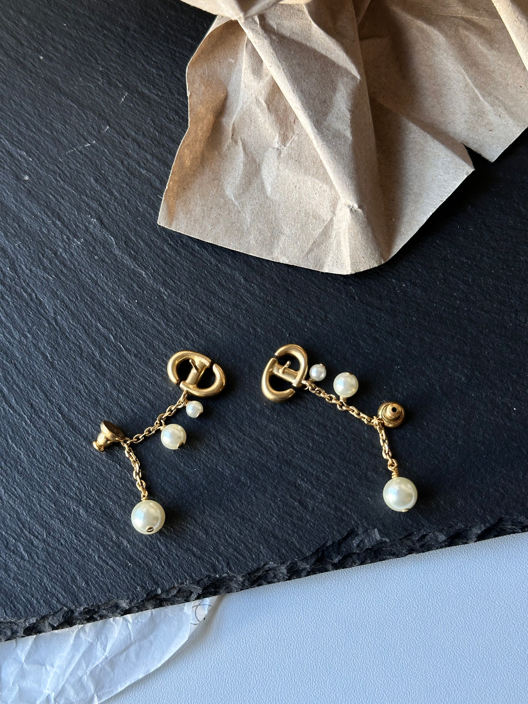 DIOR CD Logo Drop Pearl Earrings ✨｜Elegant Gold & Pearl Fusion