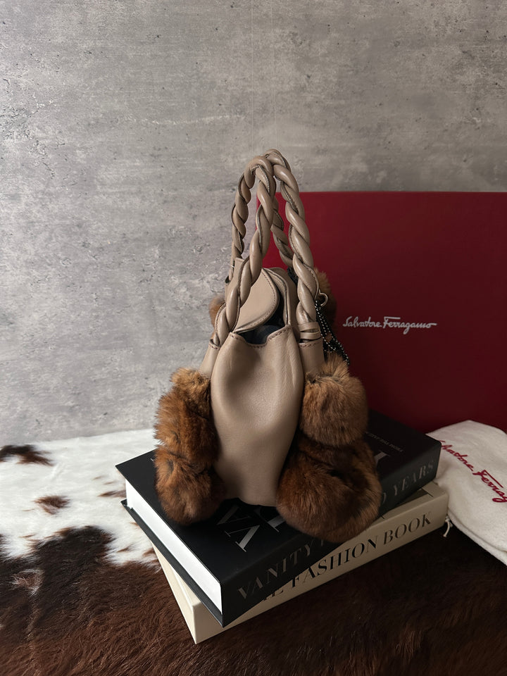 Ferragamo Fur Trim Hobo Bag 🤎｜Rare Design｜Full Set｜Shoulder-Friendly