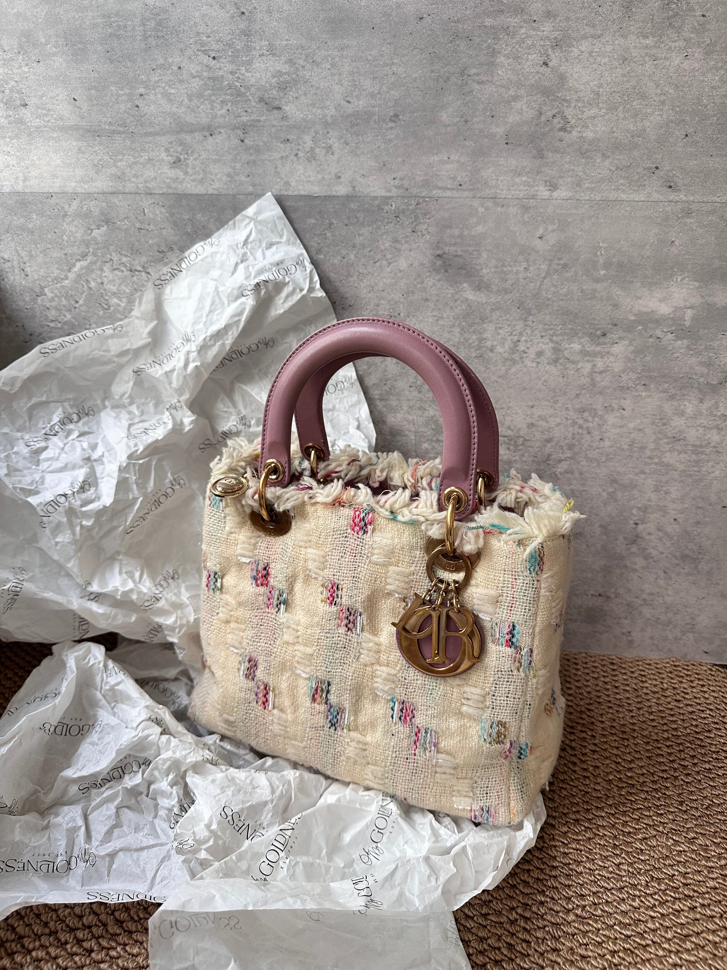Dior Lady Dior Tweed Cannage Tote with Lilac Leather Handles