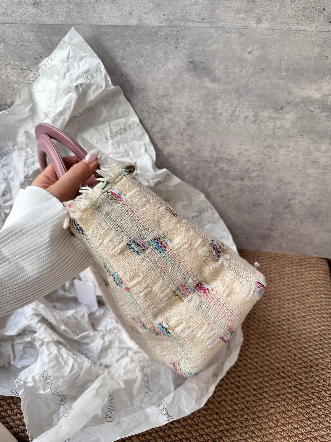 Dior Lady Dior Tweed Cannage Tote with Lilac Leather Handles 🌸｜Unique Textured Fabric & Feminine Charm