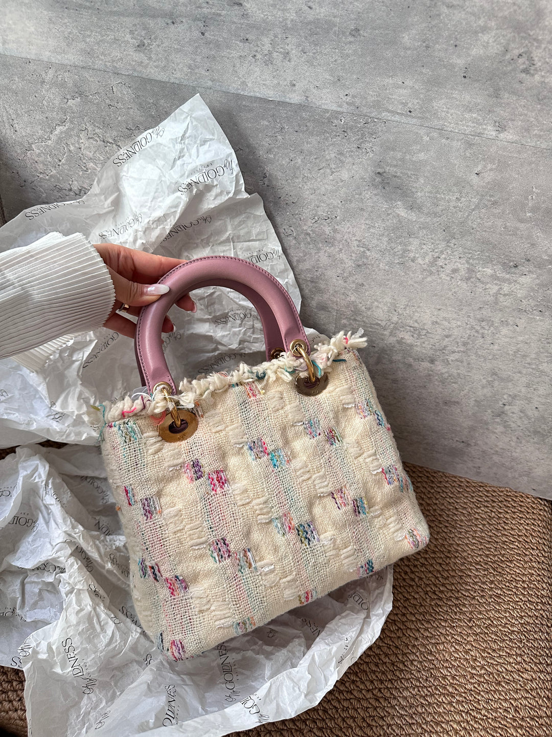 Dior Lady Dior Tweed Cannage Tote with Lilac Leather Handles 🌸｜Unique Textured Fabric & Feminine Charm