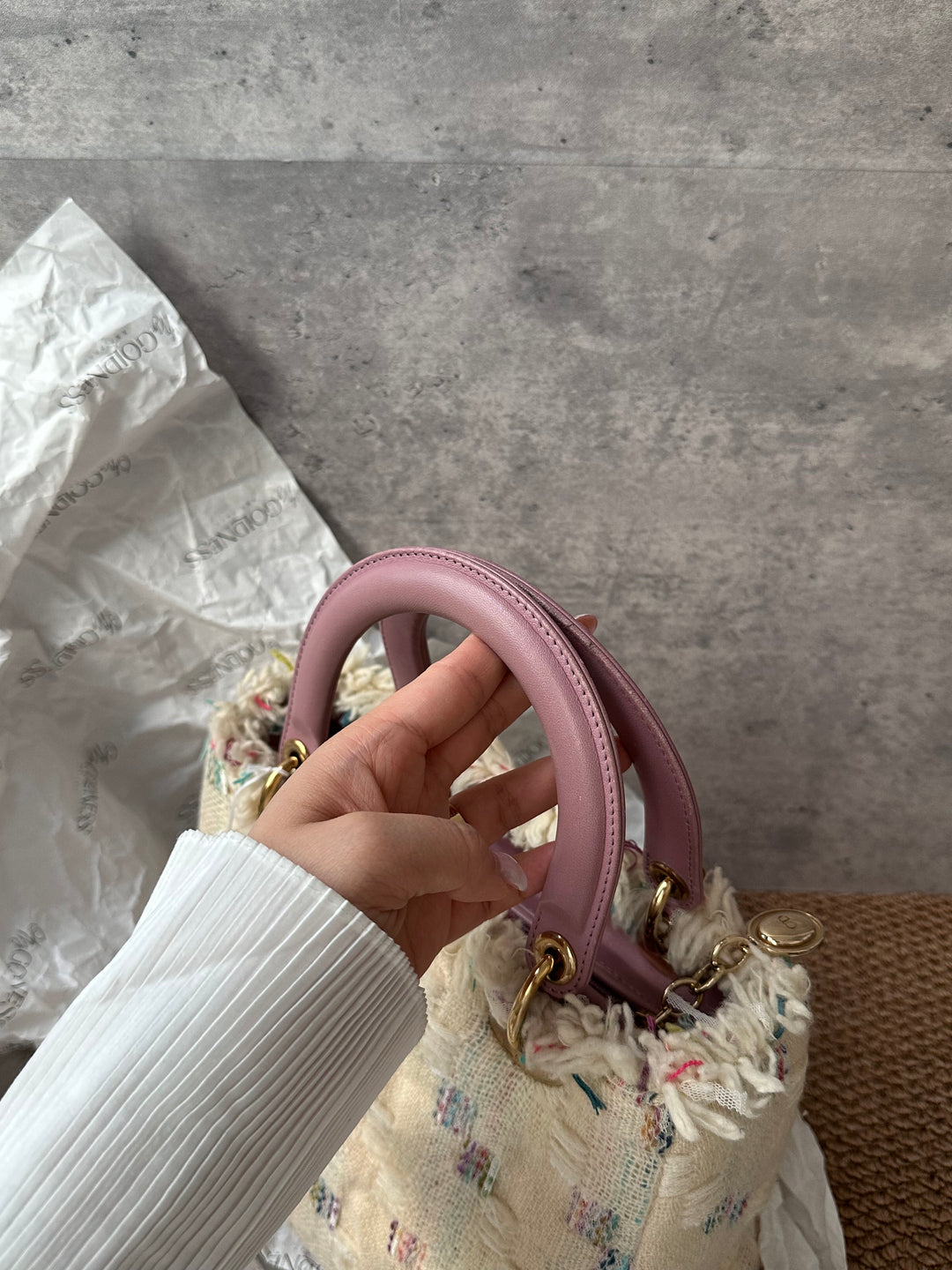 Dior Lady Dior Tweed Cannage Tote with Lilac Leather Handles 🌸｜Unique Textured Fabric & Feminine Charm