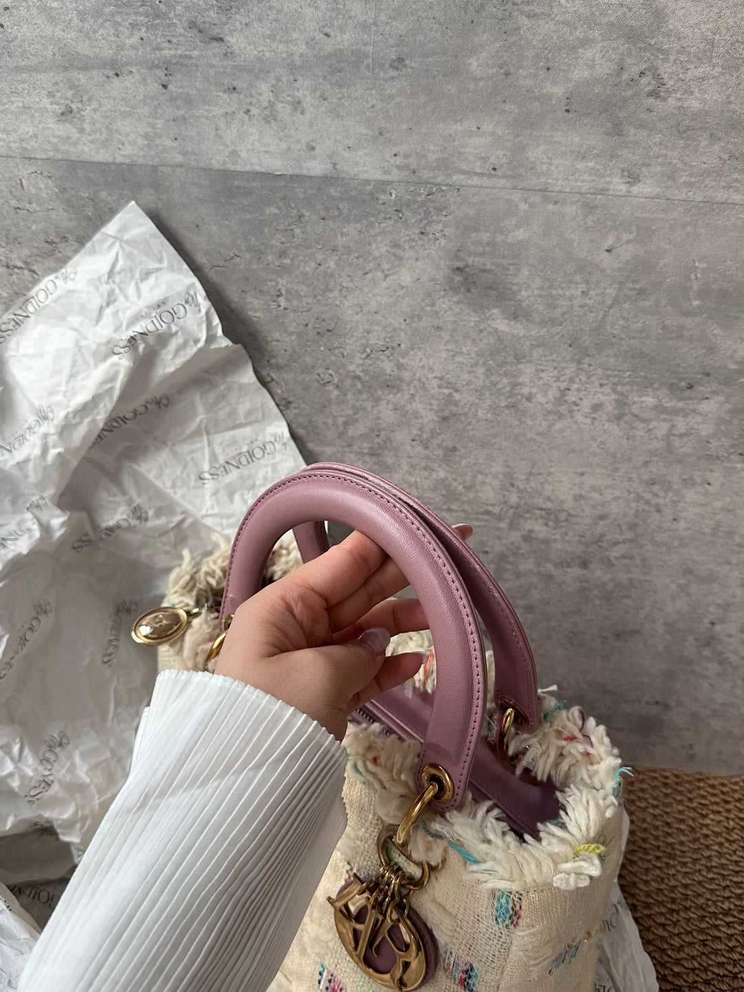 Dior Lady Dior Tweed Cannage Tote with Lilac Leather Handles 🌸｜Unique Textured Fabric & Feminine Charm