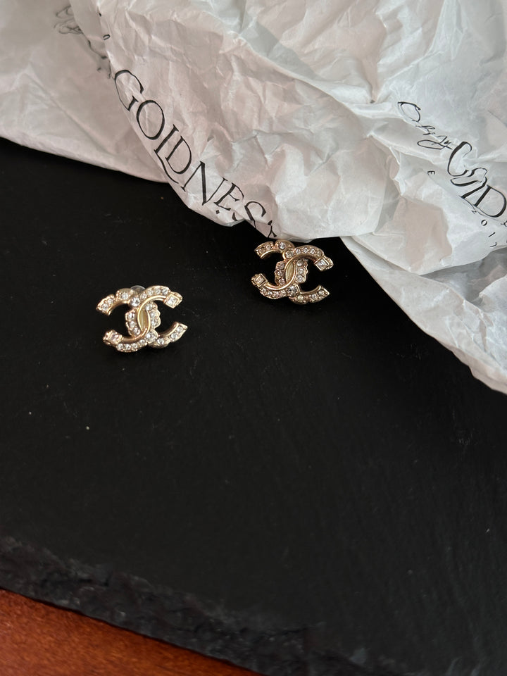 CHANEL Crystal CC Stud Earrings – Gold Tone