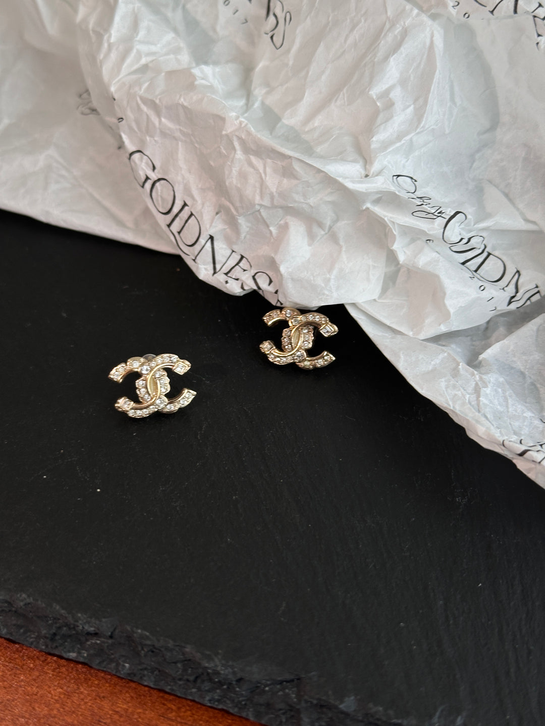 CHANEL Crystal CC Stud Earrings – Gold Tone