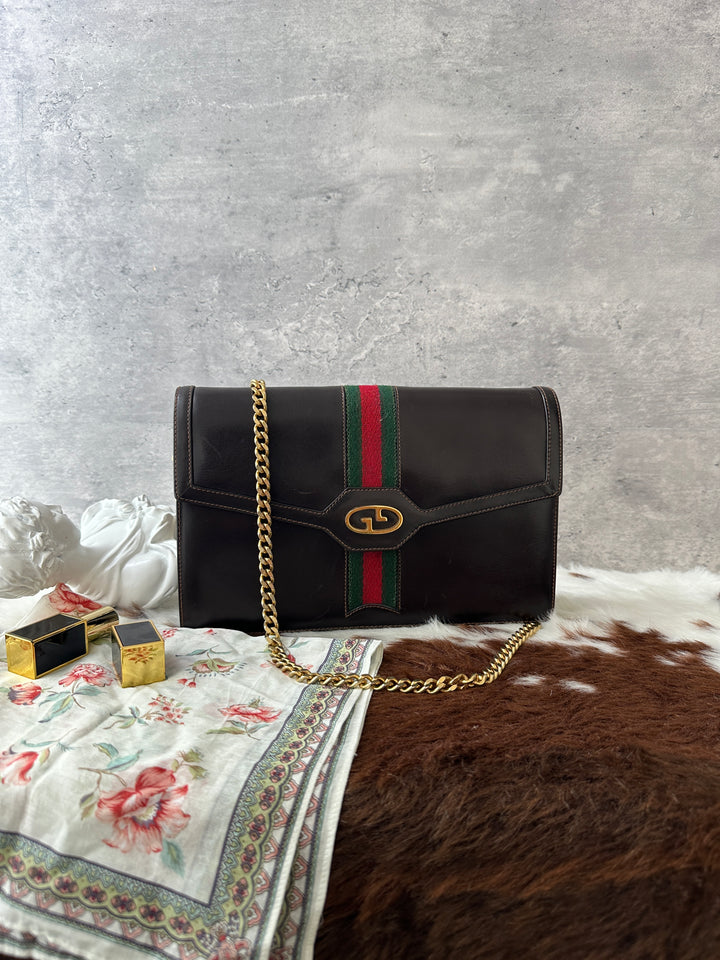 GUCCI Vintage Web Chain Crossbody 🤎💚❤️｜Brown Leather × Gold Chain