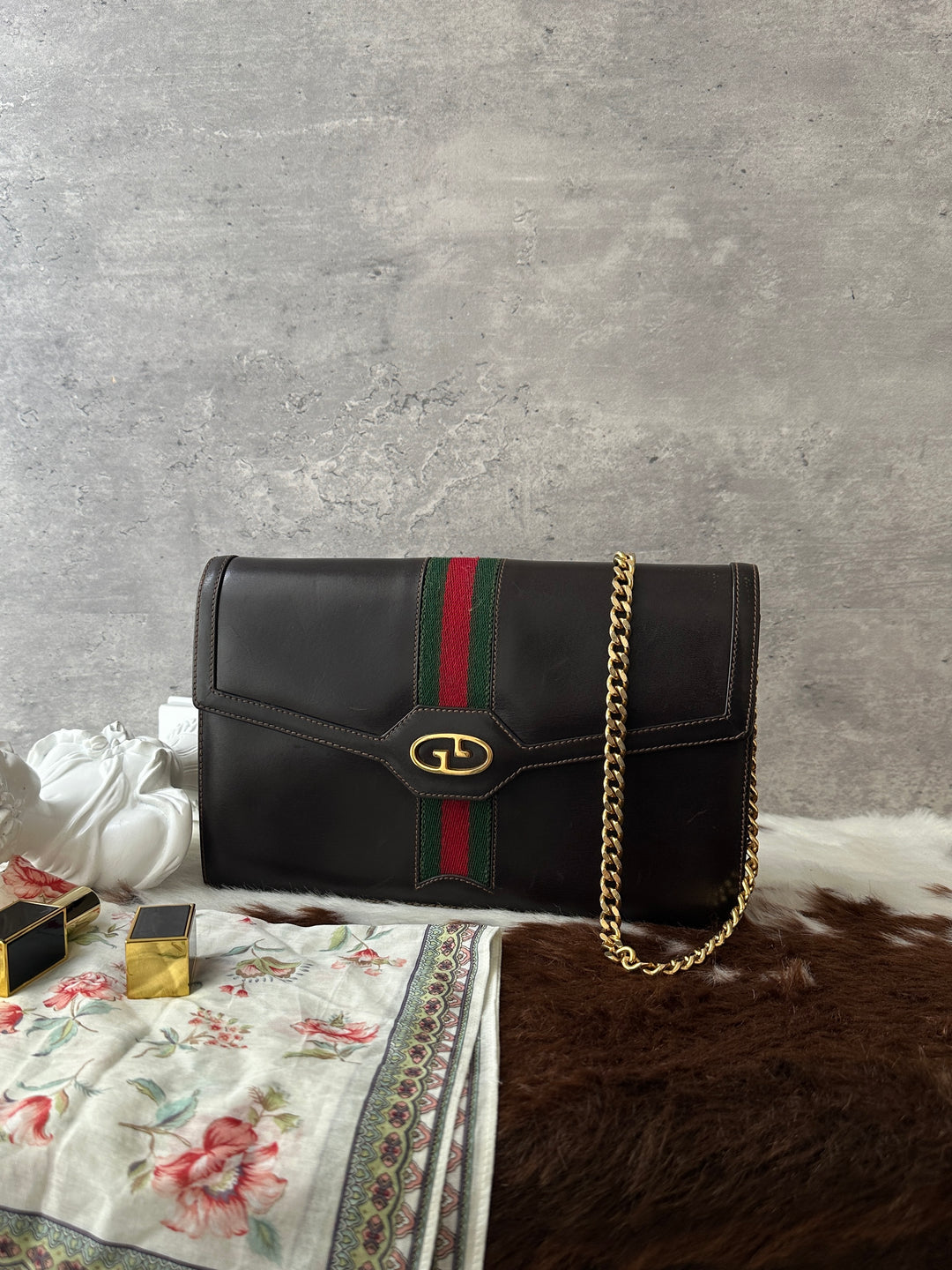 GUCCI Vintage Web Chain Crossbody 🤎💚❤️｜Brown Leather × Gold Chain
