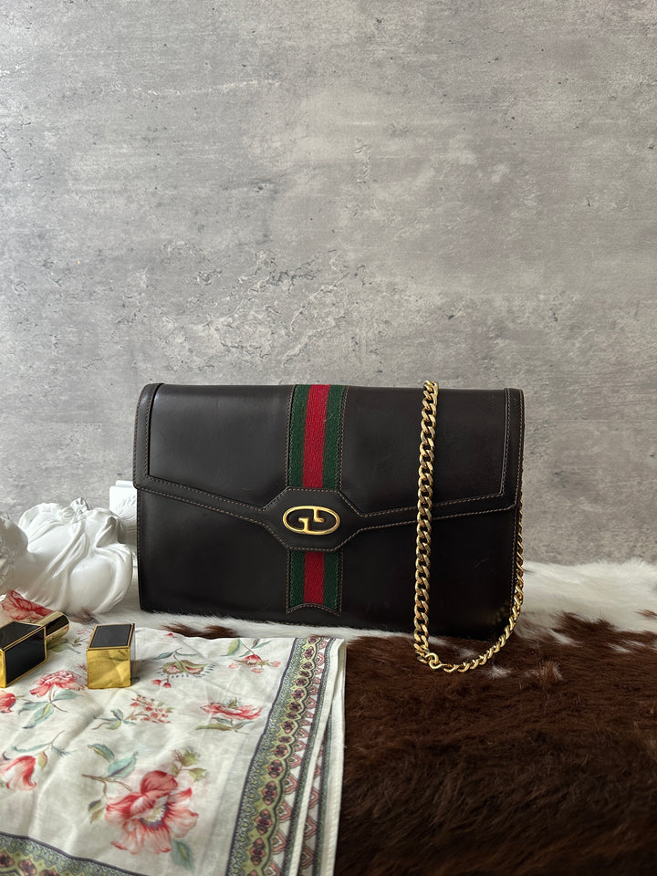 GUCCI Vintage Web Chain Crossbody 🤎💚❤️｜Brown Leather × Gold Chain
