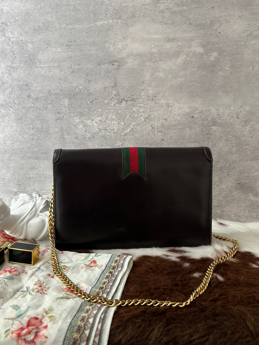 GUCCI Vintage Web Chain Crossbody 🤎💚❤️｜Brown Leather × Gold Chain