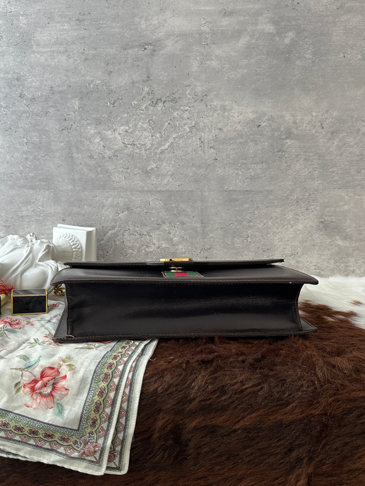 GUCCI Vintage Web Chain Crossbody 🤎💚❤️｜Brown Leather × Gold Chain