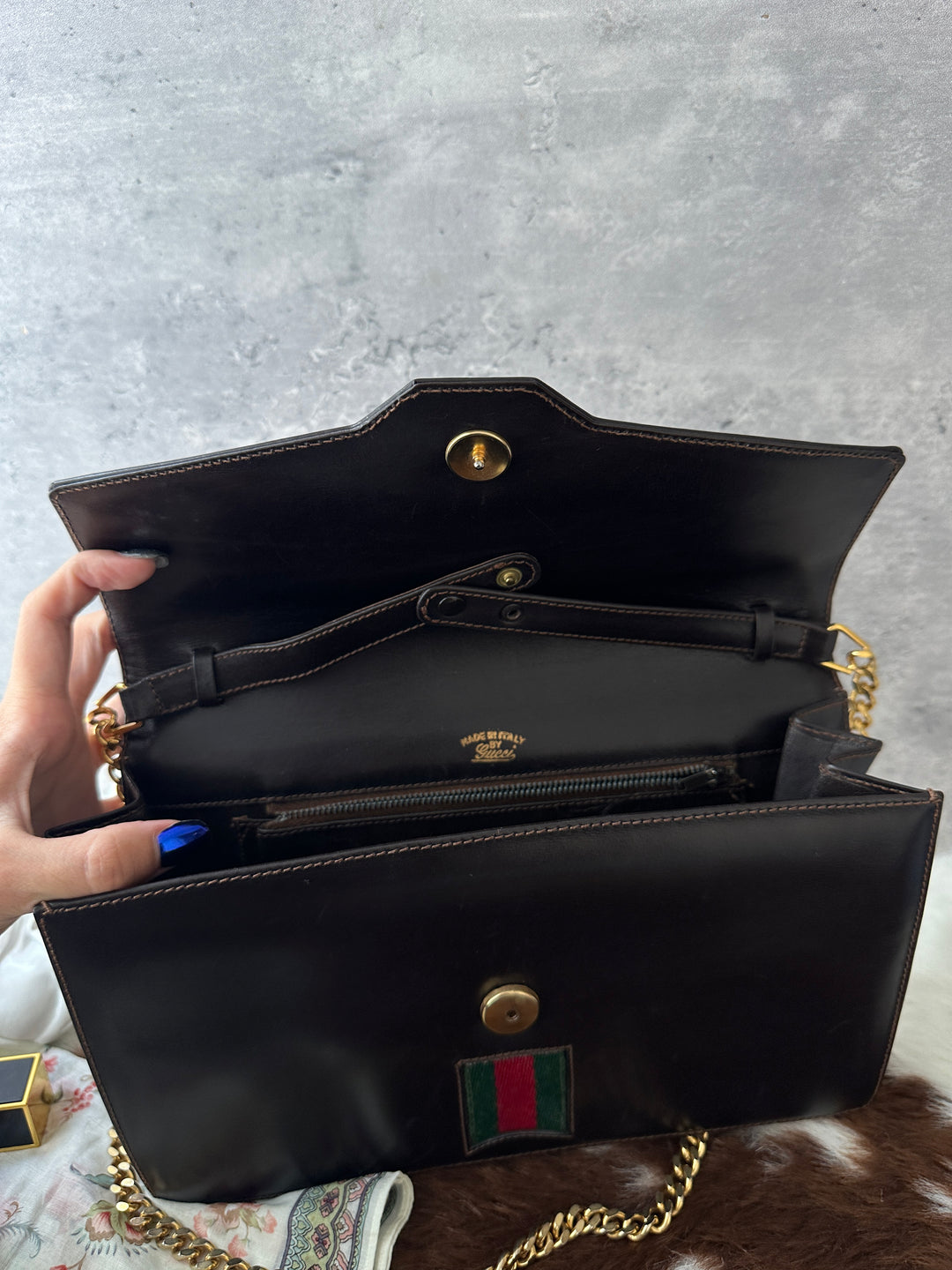 GUCCI Vintage Web Chain Crossbody 🤎💚❤️｜Brown Leather × Gold Chain