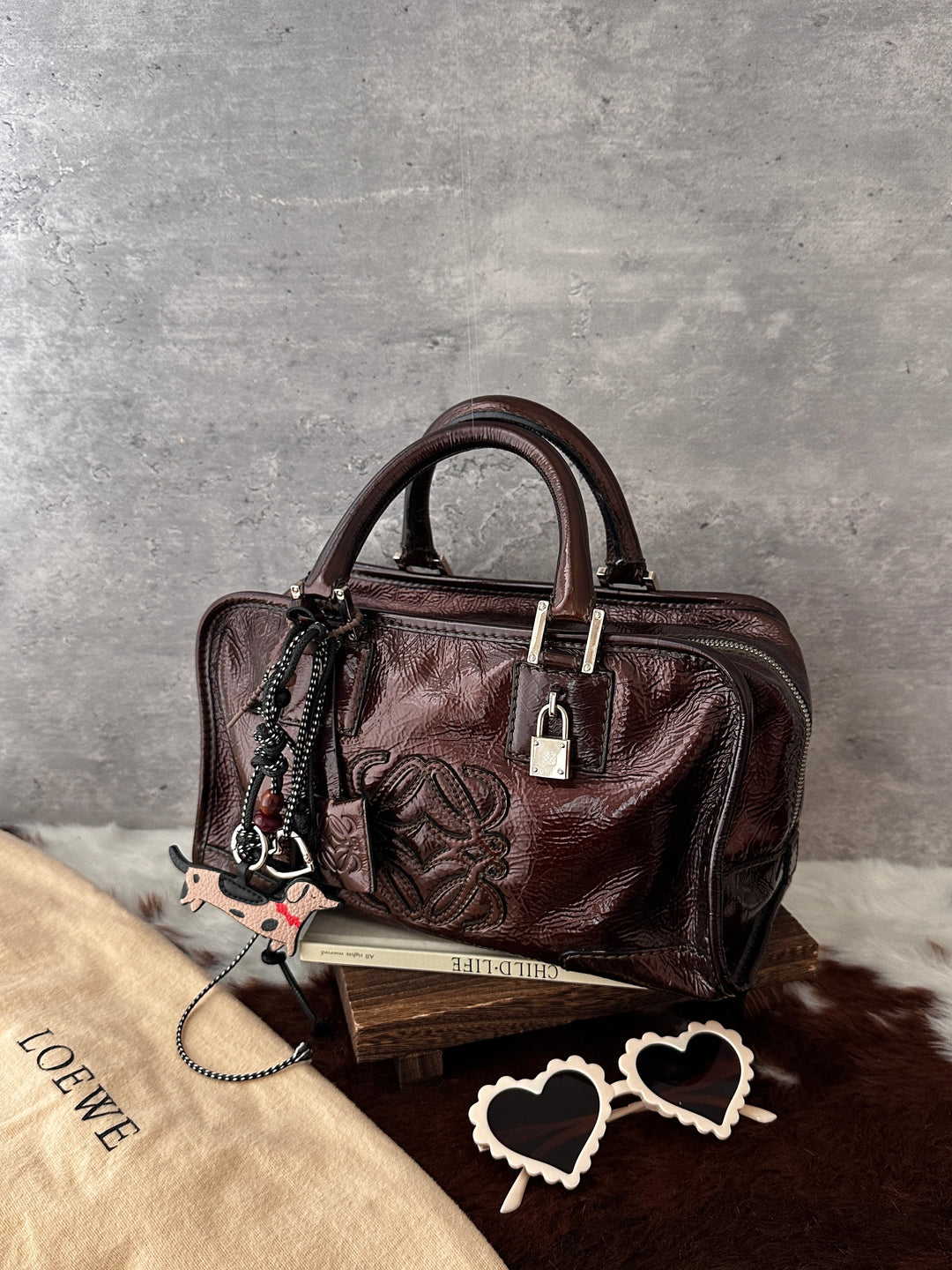 Loewe Small Amazona Bag 🖤❤️｜Glossy Patent Finish｜Iconic Anagram Detail｜Compact Collectible