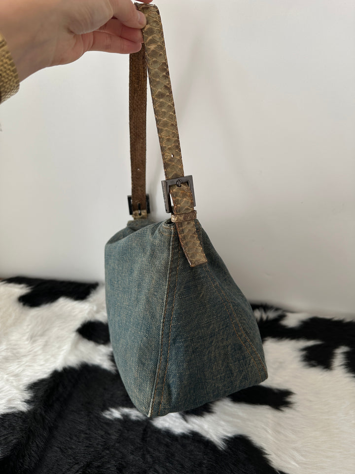 FENDI Denim × Snakeskin Mamma Bag｜Jeans Texture × Exotic Trim × Chic Shoulder Style 💙🐍✨