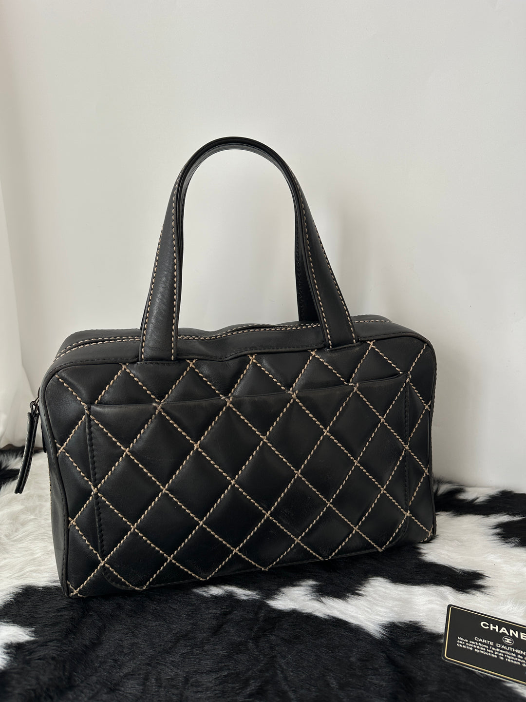 Chanel “Contrast Stitch Boston Tote” 🖤🤍 | Rare Black × White Stitching | With Card & Sticker