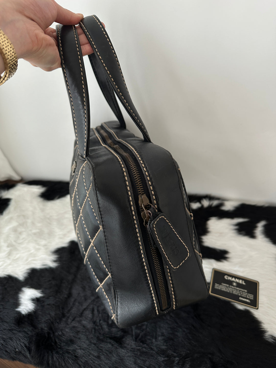 Chanel “Contrast Stitch Boston Tote” 🖤🤍 | Rare Black × White Stitching | With Card & Sticker