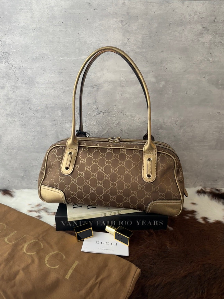 GUCCI GG Monogram Baguette Bag 🥖🤎｜GG Monogram × Champagne Gold Leather × Full Set